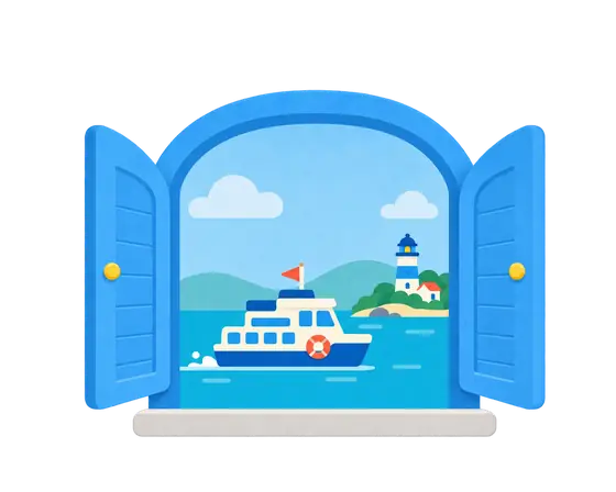 Little Harbor window: a ferry on blue water with a lighthouse.
