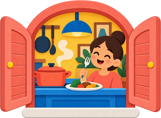 Restaurant window: a happy girl with a fork and a plate of food at the kitchen counter, a pot steaming beside her and pans hanging on the wall.
