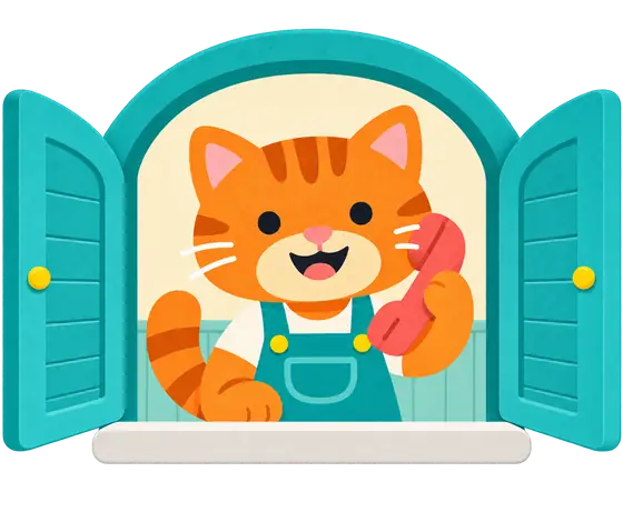 Telephone window: a smiling cat answering a red phone.