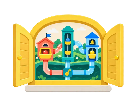 Hillside Toy Town window: towers, slides and colorful tubes on a green hill.